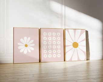 Pink Daisy Set of 3 Prints, Girls Nursery Room Wall Art (Digital Download)