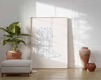 Cowboy Boots Print, Western Art Print, Blue Cowgirl Wall Art, (Digital Download)