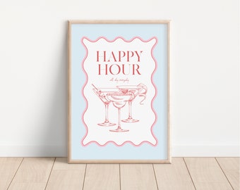 Happy Hour Print / cocktail print, drinks print, bar print, bar accessories, kitchen print, bar cart art, alcohol poster, PRINTABLE WALL ART