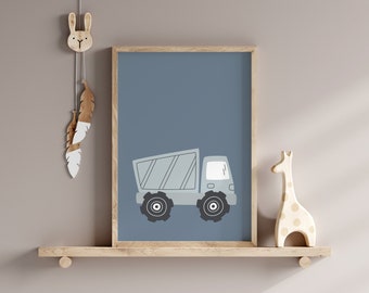 Stampa di veicoli da costruzione, decorazione murale per cameretta dei ragazzi, poster di camion, decorazione murale blu per cameretta dei bambini (download digitale)