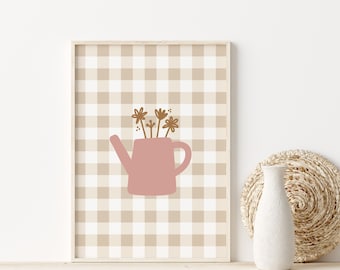 Gingham Teapot Print, teapot wall art, teapot vase print, girls room wall art, flower print, gingham print (Digital Download)