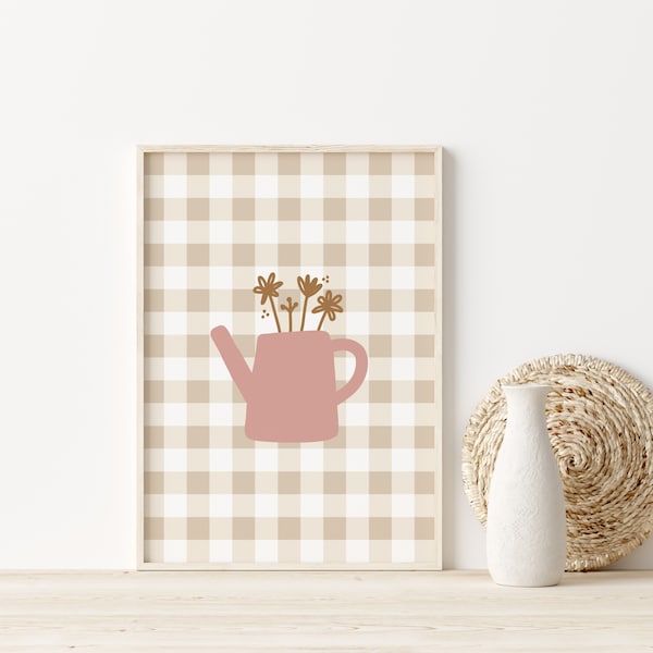 Gingham Teapot Print // teapot wall art, teapot vase print, girls room wall art, flower print, gingham print, PRINTABLE WALL ART