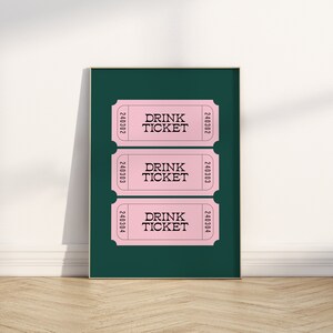 Drankkaartje print // retro ticket print, drankjes print, trendy ticket kunst aan de muur, groenblauw bar cart print, preppy muurkunst, AFDRUKBARE WALL ART