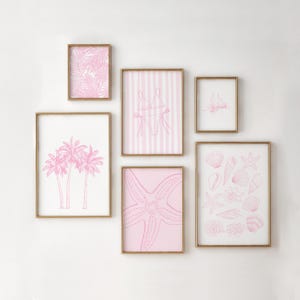 Pink Coastal Print 6er Set, 6er Set, Küsten Bilder, Sommer Wandbild, Strand Bilder, Bikini Bild, Palmen Bild, DRUCKBARE WAND KUNST