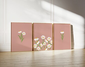 Daisy Print Set Of 3 / daisy wall art, nursery print, daisy print, set of 3 pink prints, dusty pink wall art, girls decor PRINTABLE WALL ART