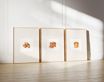 Breakfast Print Set Of 3, cottagecore kitchen wall art, French pastry breakfast prints, country kitchen wall art (Digital Download)