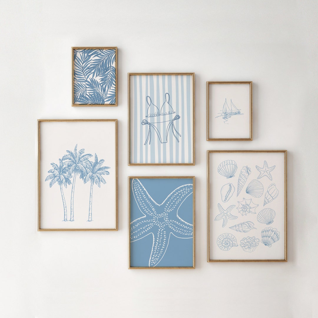 Coastal Wall Art Set of 6: Blue Beach Prints, Coastal Gallery Wall ...