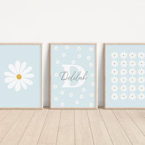 Daisy Print Set Of 3 / daisy wall art, nursery print, personalised name print, personalised nursery art, blue print set, PRINTABLE WALL ART