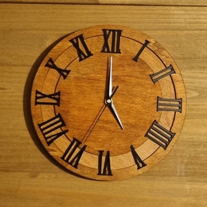 Handmade wall clock, Roman Numerals, black acrylic numbers on wood, rustic, minimal