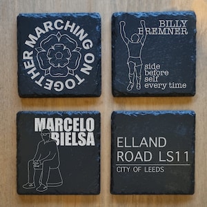 Leeds United Themed Coasters - Billy Bremner, Bielsa, Elland Road, White Rose. Perfect gift for Leeds football fans.