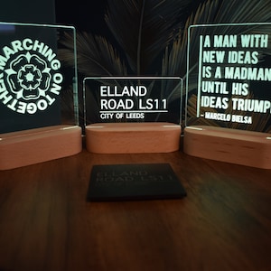 Elland Glow - Leeds United LED RGB Light Illuminated plaques. FREE Custom slate coaster with every order. Unique football gift.