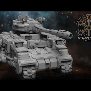 May include: A detailed 3D model of a futuristic tank, rendered in gray. The tank has a large cannon, multiple smaller guns, and a complex design with many details. The tank is on a dark background with a starfield.