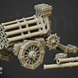 Puede incluir: Un modelo impreso en 3D detallado de un cañón grande de varios cañones con ruedas de madera y un marco de metal. El cañón tiene una caja de madera en la parte superior llena de balas de cañón. El cañón está desmontado en varias piezas, incluyendo el cañón, las ruedas y una caja separada de balas de cañón.