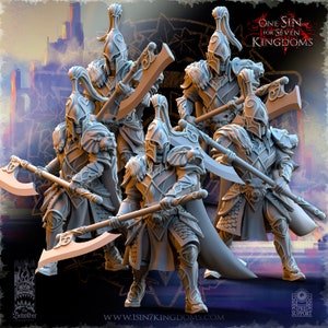 May include: A group of detailed, light-colored fantasy figurines of armored warriors with large axes. Each figure wears a helmet and armor with lion-themed accents. The figures are posed in a dynamic, ready-for-battle stance. The text "ONE SIN FOR SEVEN KINGDOMS" is visible.