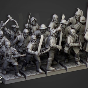 May include: A group of 12 unpainted miniature figures of medieval soldiers, each with a unique pose and weapon. The figures are made of gray plastic and are ready to be painted.