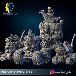Może przedstawiać: Kolekcja wydrukowanych w 3D miniatur fantasy, w tym duża, ciężko opancerzona figura i kilka pojazdów na kołach z potwornymi twarzami. Modele są szare z niebieskimi akcentami, a obraz zawiera tekst "PRE SUPPORTED FILES."