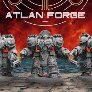 May include: Three grey miniature robot figures with detailed armour and weaponry, standing on circular bases. The text "ATLAN FORGE" is displayed in white at the top. The background is a fiery orange and red.