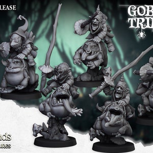 May include: Five grey painted miniature figurines of goblins riding grotesque toad-like creatures. The goblins are wearing hooded cloaks and holding various weapons. The text "Goblin Tribes" is visible in the upper right corner of the image.