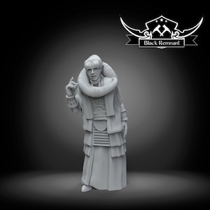 Può includere: Una statuina grigia di un personaggio con un grande colletto, abiti ornati e una lunga veste. La figura indica con una mano. Il logo Black Remnant si trova nell'angolo in alto a destra.