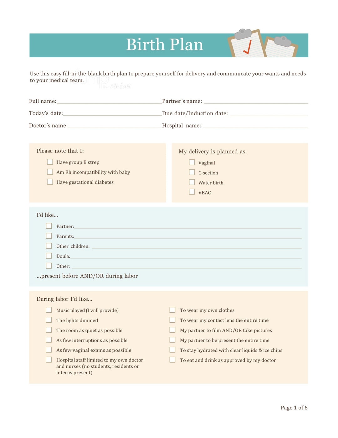 Birth Plan Template Detailed High Quality Template - Etsy
