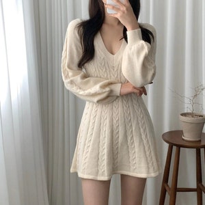 Elegant Lantern Sleeve A-Line Knitted Dresses For Women Temperament V Neck Twist Pattern Sweater Dress Winter Robe Ladies Daily Wear image 1