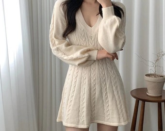 Elegant Lantern Sleeve A-Line Knitted Dresses For Women Temperament V Neck Twist Pattern Sweater Dress Winter Robe Ladies Daily Wear