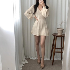 Elegant Lantern Sleeve A-Line Knitted Dresses For Women Temperament V Neck Twist Pattern Sweater Dress Winter Robe Ladies Daily Wear image 2