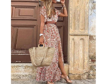 Frauen V-Ausschnitt Kurzarm Paisley Print, Gürtel Großer Saum Strand Vintage Elegantes Langes Kleid, Sommer Boho Kleider, Leinen Kleid Casual Dress