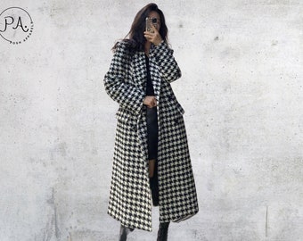 Chaqueta de pata de gallo, abrigo de lana sintética gruesa de moda coreana para mujer, abrigo largo holgado informal de otoño e invierno con un solo pecho para mujer