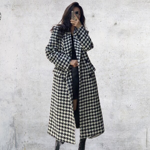 Houndstooth Jacket, Women Korean Fashion Thick Faux Woolen Coat, Female Autumn Winter Casual Loose Single Breasted Long Overcoat