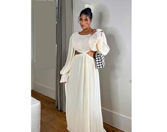 Women Fashion Flare Sleeve Backless A Line Dresses, Spring O Neck Office Lady Commute Robe, Elegant Hollow Out Pleated Dress For Women