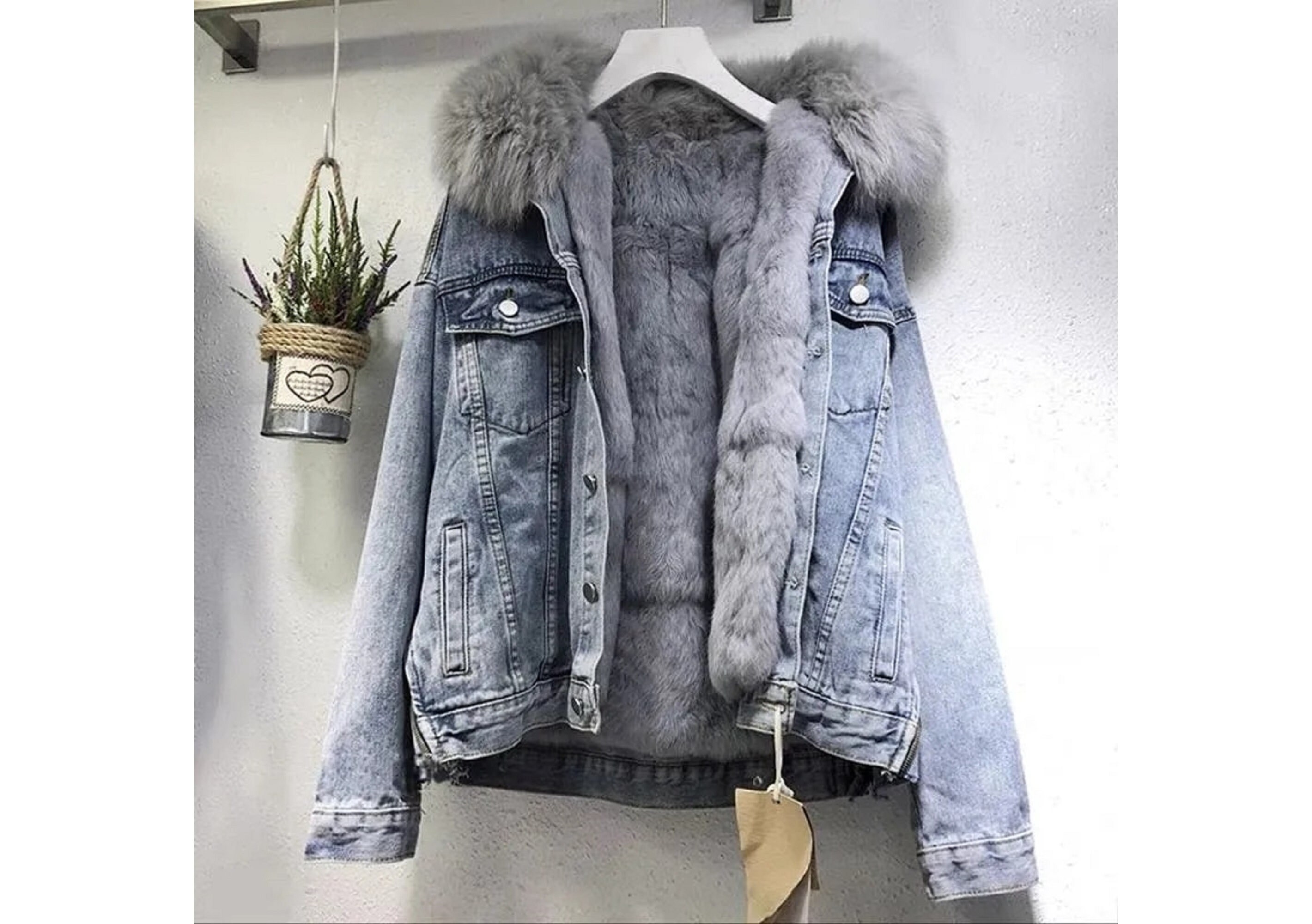 Jean jacket with fur and hood Clearance