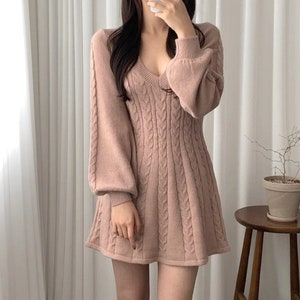 Elegant Lantern Sleeve A-Line Knitted Dresses For Women Temperament V Neck Twist Pattern Sweater Dress Winter Robe Ladies Daily Wear image 4