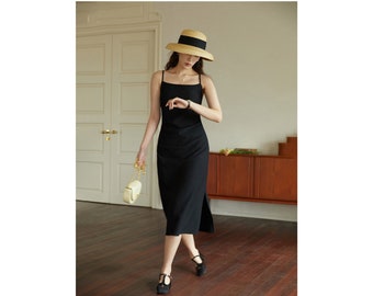 Robe longue noire pour femme, robe solide pour femme, robe élégante à encolure carrée, design fendu, robe de printemps à bretelles réglables pour femme