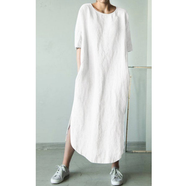 Summer Solid Cotton Dress, Women Split Long Vestido, Female Robe Casual Party Dress Femme, Women O Neck Short Sleeve Sundress