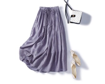 Women Skirt with Pockets Fairycore Jupe Mori Girl Falda, Purple Linen Maxi Long Beach Skirts, Womens Summer Korean Fashion