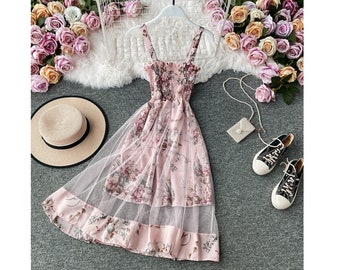 Summer Women's Dress, French Retro Square Neck Print Suspender Dress, New Waist Lace Female Short Dresses