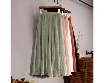 Women Spring Summer Elastic Waist Vintage Solid Pleated Long Skirts, Mori Girl Boho Beach Skirt, Women Cotton Linen Maxi Skirt