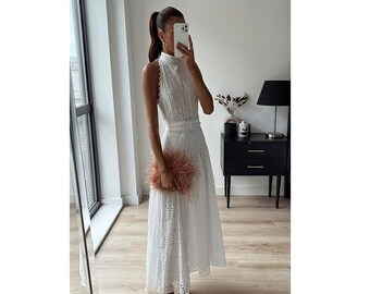 Women Fashion Ruling White Elegant Sleeveless Dresses With Belt, Female Summer Chic Clothes, Embroidery Hollow Out Midi Dress