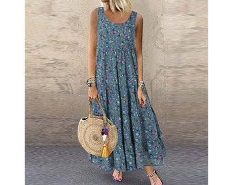 Women Casual Vintage Sleeveless O Neck Floral Print Loose Long Dress, Oversized Beach Sundress, Women Bohemian Maxi Dress