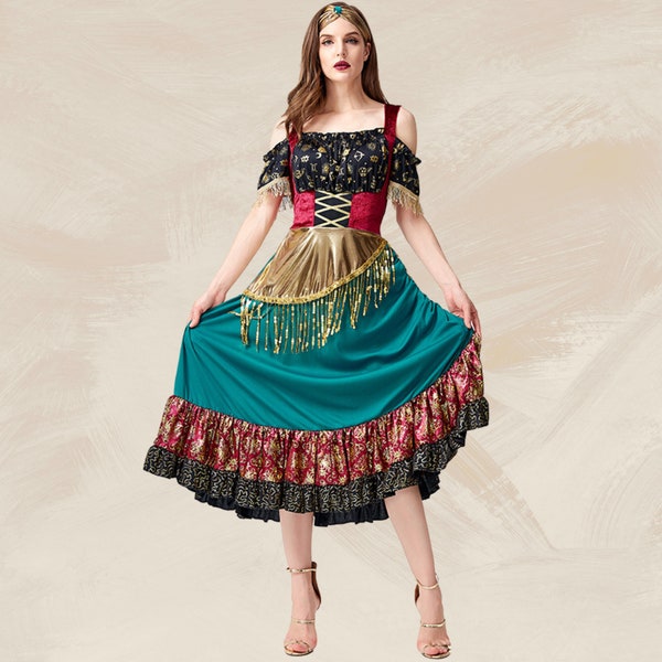 Flamenco Gypsy Dress, Waltz Tango Dance Show Halloween Folk Fortune Teller Gypsy Costume, Carnival Outfit For Adult Women Girl