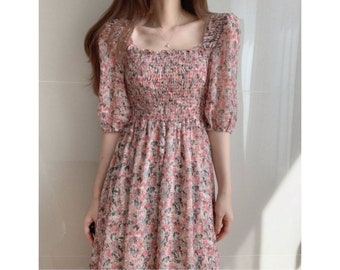 Robe en mousseline de soie florale femmes, fée mince col carré Vestido rose tempérament élégant Chic, été doux manches bouffantes Empire robe vintage