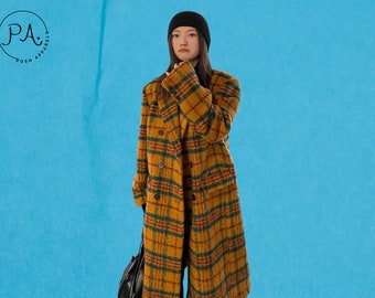 Autumn Winter Long Loose Retro Colorful Plaid Woolen Trench Coat for Women, Double Breasted Luxury Designer Clothes