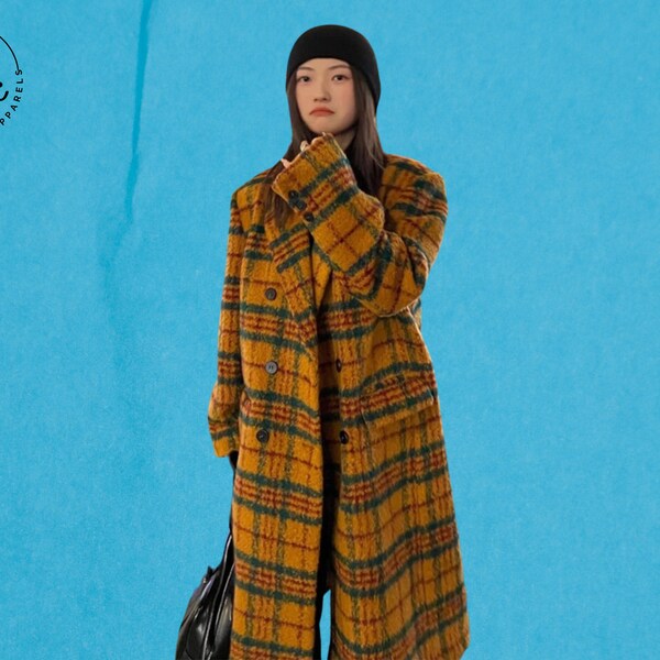 Autumn Winter Long Loose Retro Colorful Plaid Woolen Trench Coat for Women, Double Breasted Luxury Designer Clothes