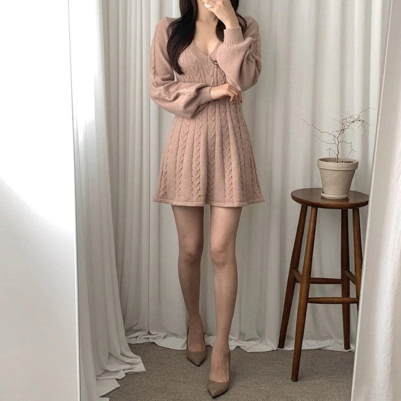 Elegant Lantern Sleeve A-Line Knitted Dresses For Women Temperament V Neck Twist Pattern Sweater Dress Winter Robe Ladies Daily Wear image 5