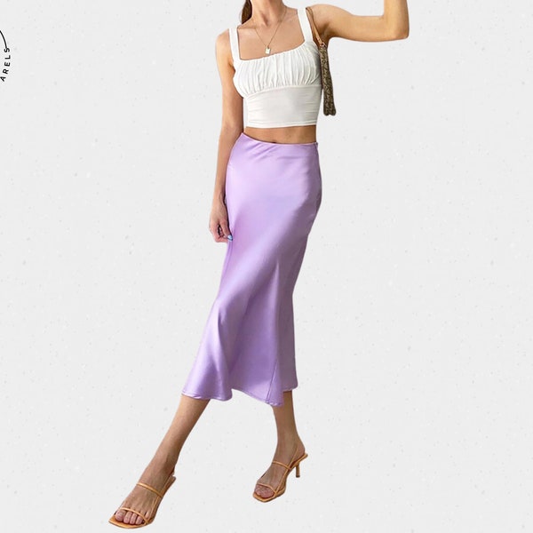 Satin Silk Skirt, Women High Waisted Summer Long Skirt, New Elegant Ladies Office Skirts, Midi Spring