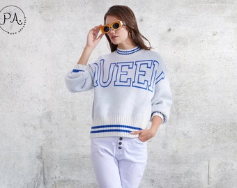 Oversized Knitted Sweater, Women Pink White Blue Vintage Ribbed Striped Sweater, Winter Warm Queen Graphic Sweaters For Women