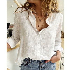 Women Casual Solid Button Lapel Blouses, Women Shirts Spring Summer Long Sleeve Loose Tops Tunic, Women Elegant Cotton Linen Shirts