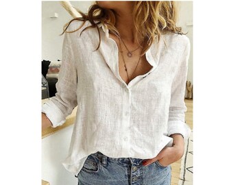 Women Casual Solid Button Lapel Blouses, Women Shirts Spring Summer Long Sleeve Loose Tops Tunic, Women Elegant Cotton Linen Shirts