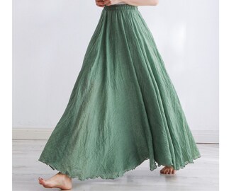 Women Casual Elastic High Waist Pleated A-Line Beach Skirts, Boho Saia Feminina Faldas Jupe, High Quality Cotton Linen Maxi Skirt Womens